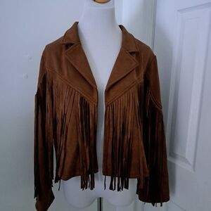 PrettyGarden Brown Faux Suede Fringe Western Cropped Jacket New Large